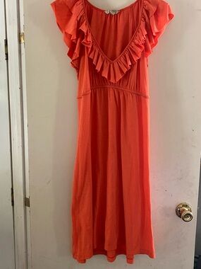 jonathan martin Coral Orange Ruffle V-Neck Midi Dress